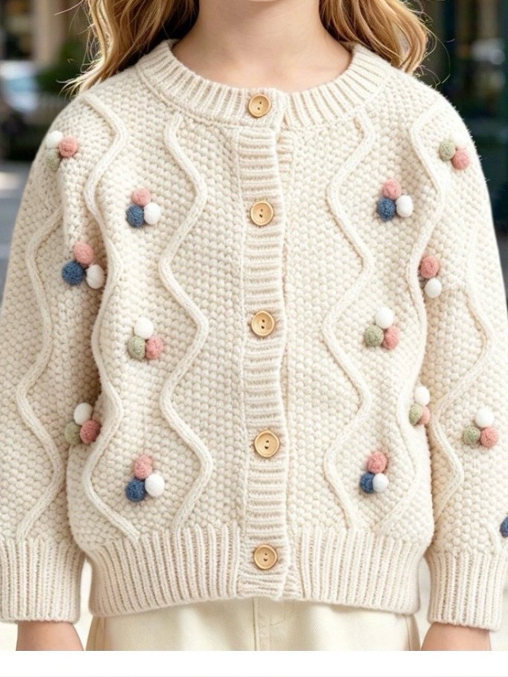 New Girls Wavy Cable Knit Pom Pom Cardigan Beige Size 5t Wooden Button Sweater
